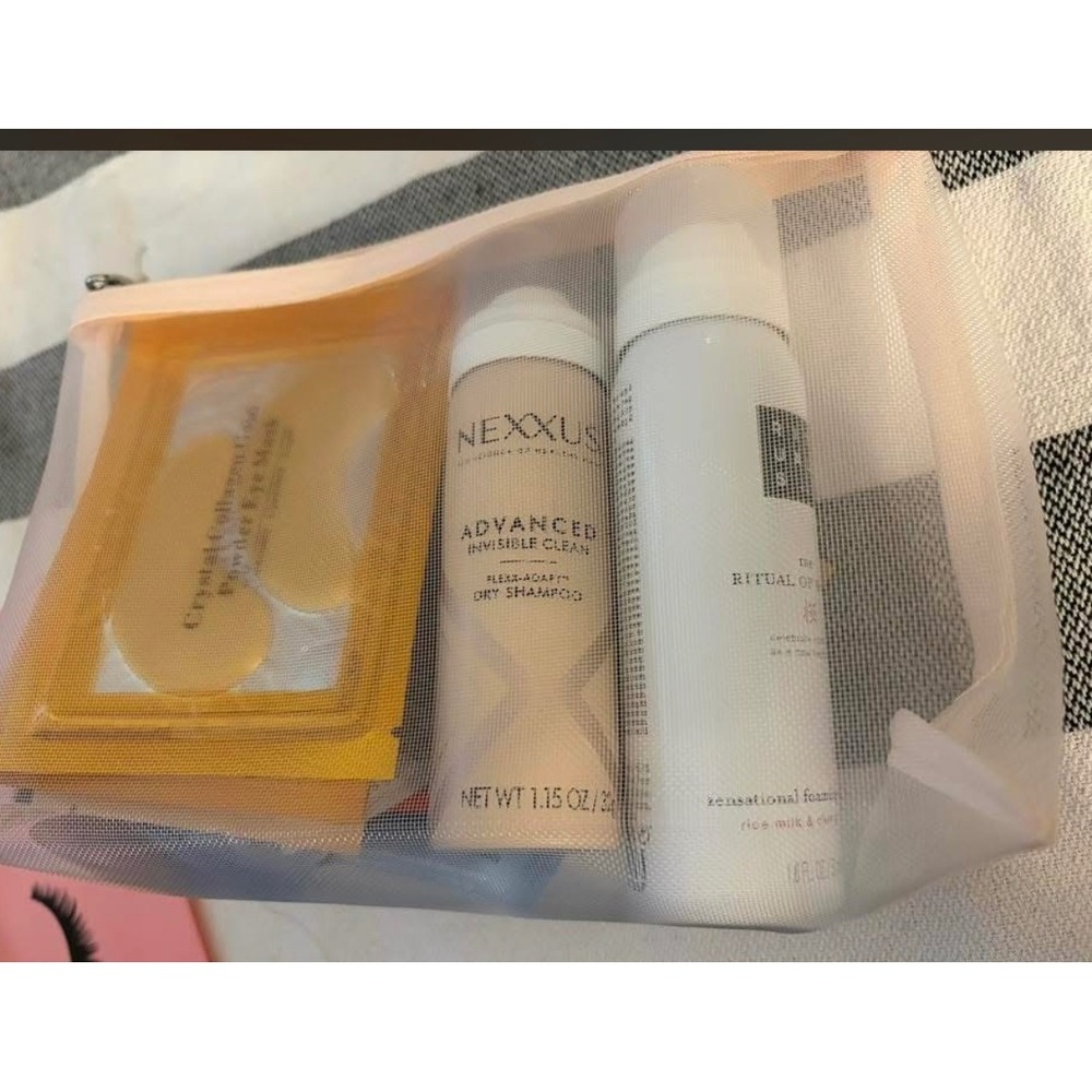 Nexxus Rituals Beauty  Mesh Pouch Dry Shampoo Shower Gel Eye Mask Samples